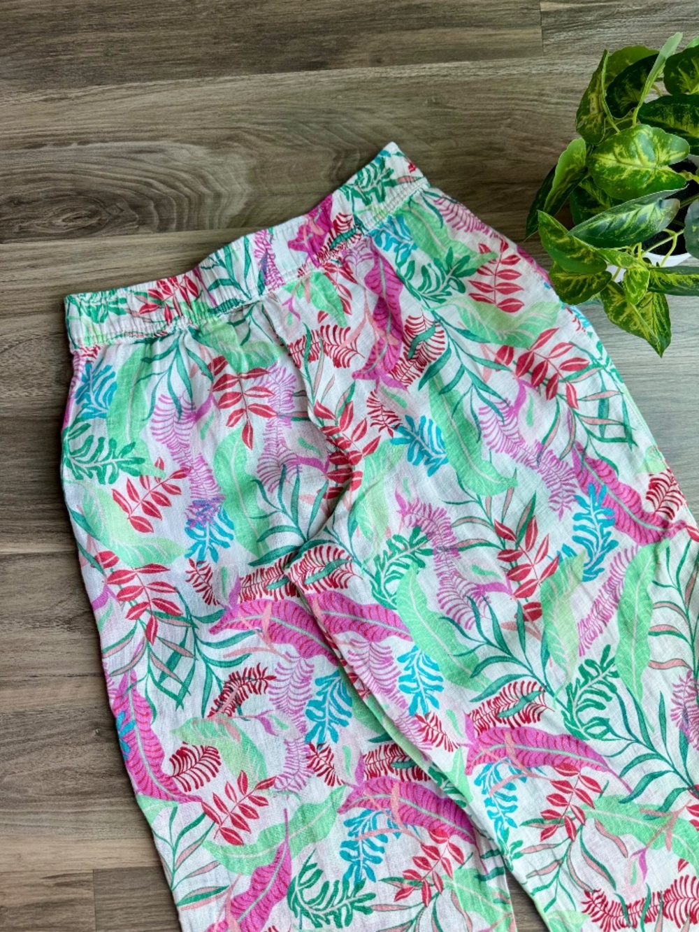 Tropical Resort Wide Leg Palazzo Pants Tassel Tie Botanical Print White - Picture 10 of 14